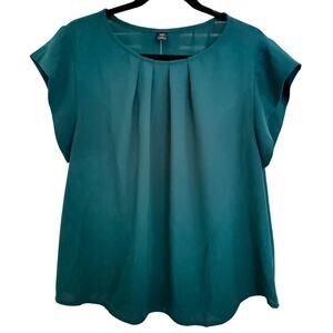 Teal Ruffle Short Sleeve Front Pleated Crewneck Office Colorful Blouse Plus 1XL